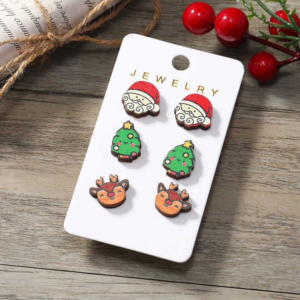 Wholesale Cartoon Christmas Tree Old Man Elk Wooden Earrings Set ACC-ES-MT003