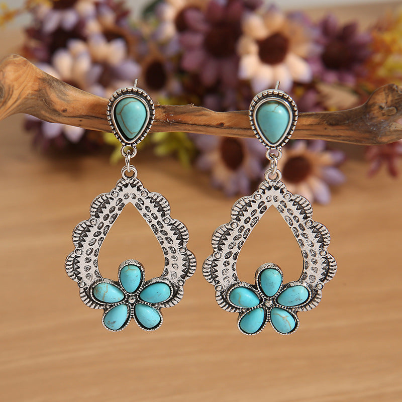Wholesale Western Style Vintage Flower Turquoise Alloy Earrings ACC-ES-SaiPu004