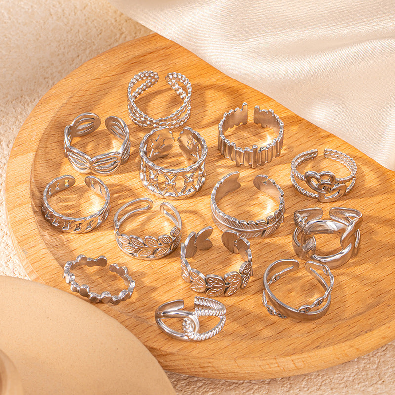 Wholesale Chic Geometric Hollow Leaf Open Ring,  Titanium Steel Electroplated,  Fashion Jewelry Accessory