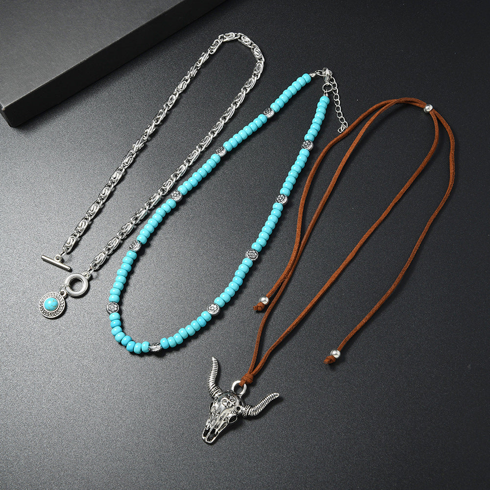 Wholesale Zinc Alloy Retro Cowboy Bull Head Pendant Layered Necklace Set With Turquoise Beads Ethnic Style Choker Fashion Jewelry For Resale