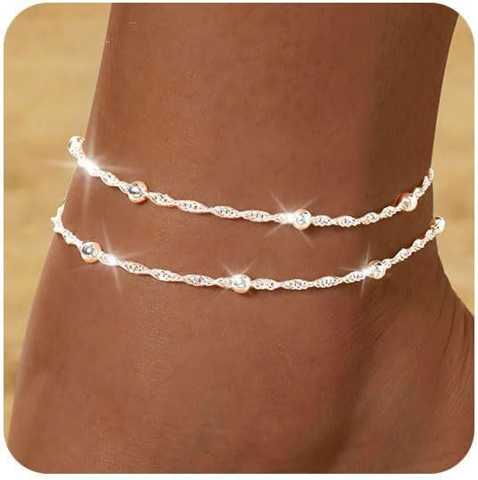 Wholesale  Silver Love Anklet Copper Millet Beads Double Layer Adjustable Foot Accessories