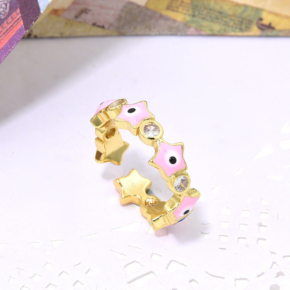 Wholesale Colorful Oil Drop Demon Eye Zircon Star Adjustable Ring