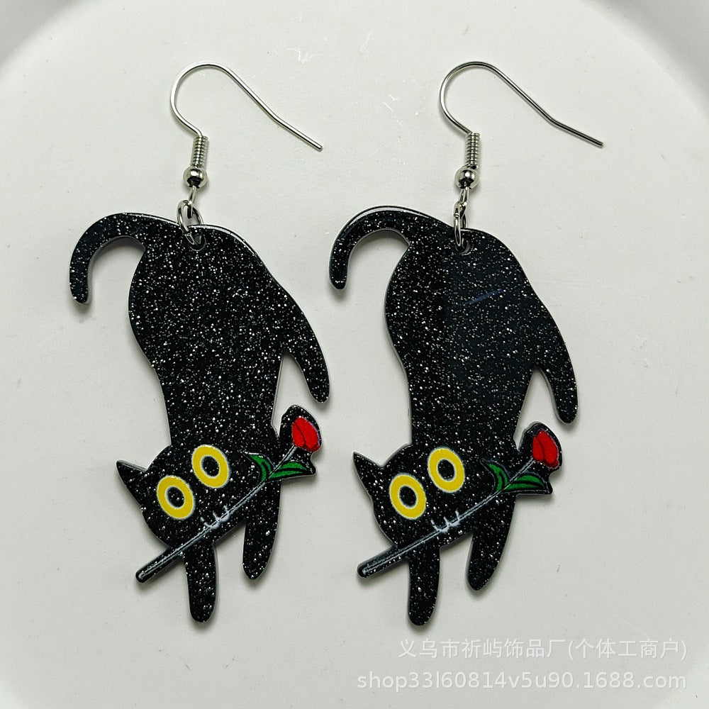 Wholesale Acrylic Sheet Cartoon Black Cat Rose Flower Earrings ACC-ES-Qiyu004