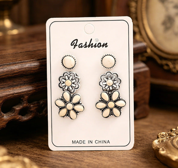 Wholesale Bohemian Turquoise Round Flower Earring Stud Set Alloy Fashion Accessory