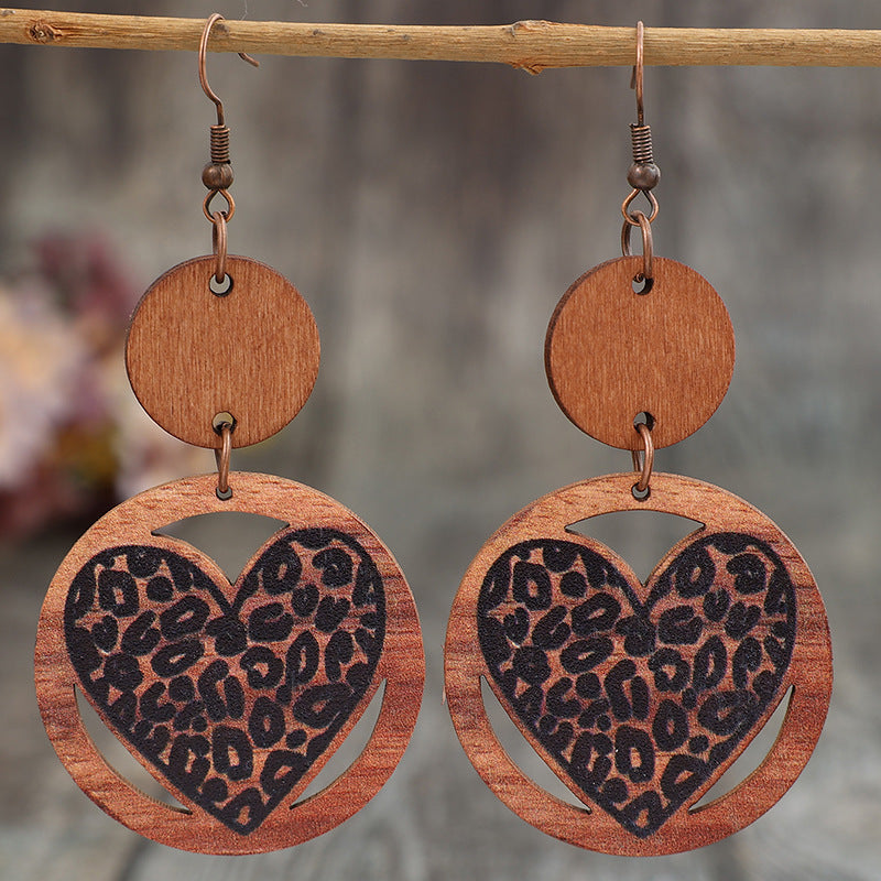 Wholesale Wood Women' s Earrings Leopard Print Hollow Love Design Boutique Resale