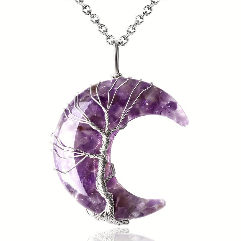 Wholesale Boutique Wire Wrapped Crescent Moon Tree Of Life Amethyst Crystal Necklace Jewelry Accessory