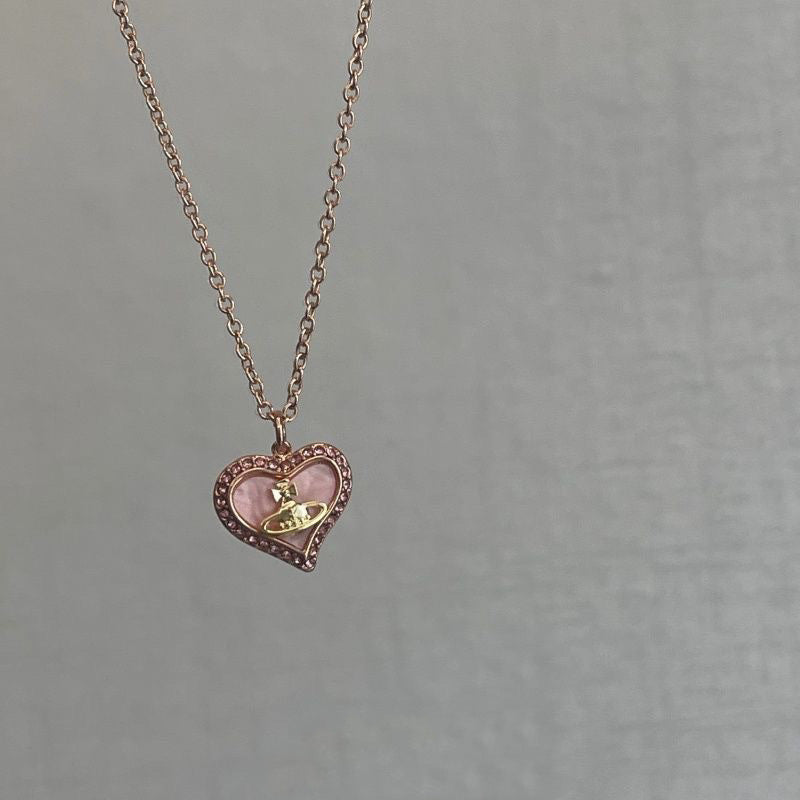 Wholesale New Niche Pink Heart Saturn Necklace for Women,  Ins-Style Light Luxury Design,  Long Clavicle Chain,  Student Version Choker
