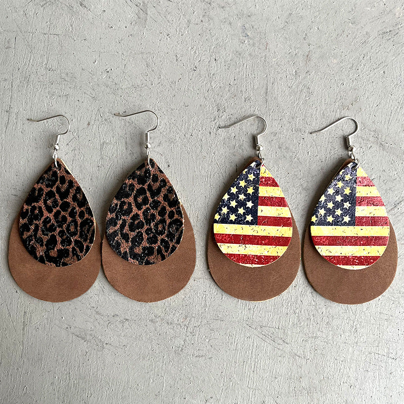 Wholesale 2 Pairs/pack American Flag Leopard Western Style Teardrop Leather Earrings ACC-ES-HY033