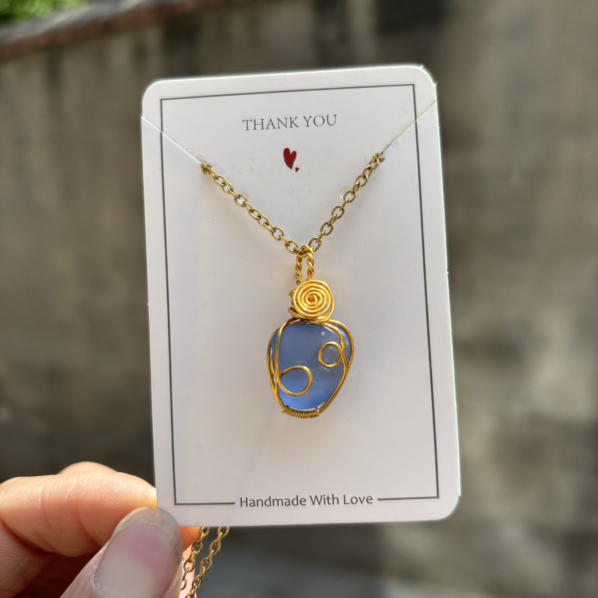Wholesale Hand Wound Sea Glass Blue Necklace Pendant Crystal Natural Stone Crystal Mesh Bag ACC-NE-RongGuan012