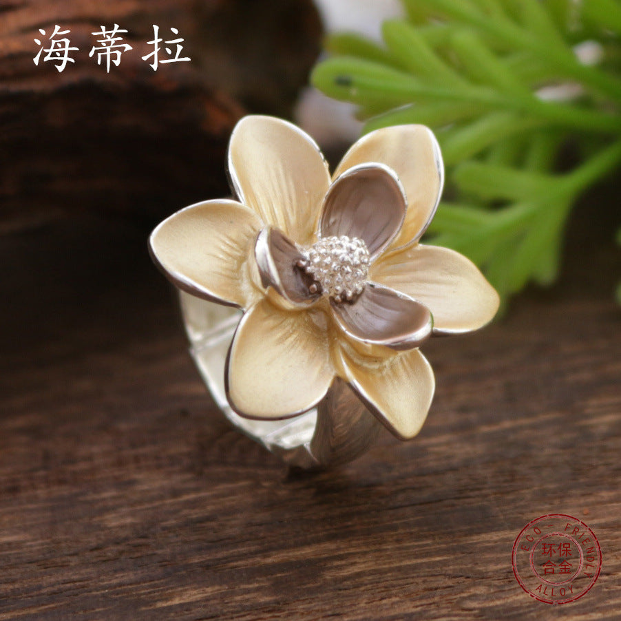 Wholesale  Color Oil Painting Camellia Flower Elastic Ring