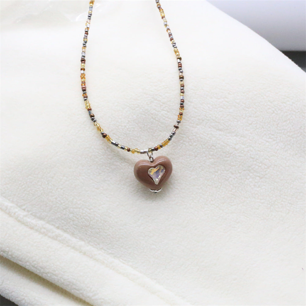 Wholesale Zircon Heart Pendant Rice Bead Necklace