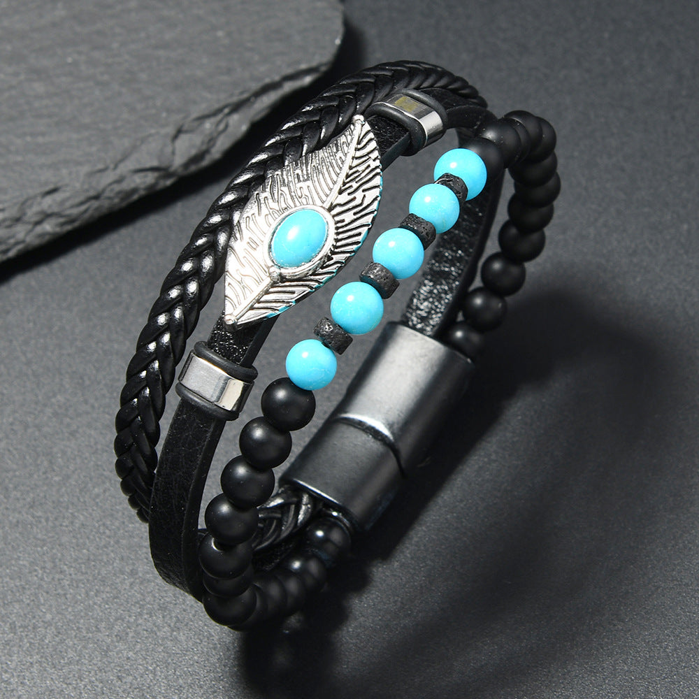 Wholesale Magnetic Buckle Alloy Bracelet with Feather Element and Turquoise Inlay for Men