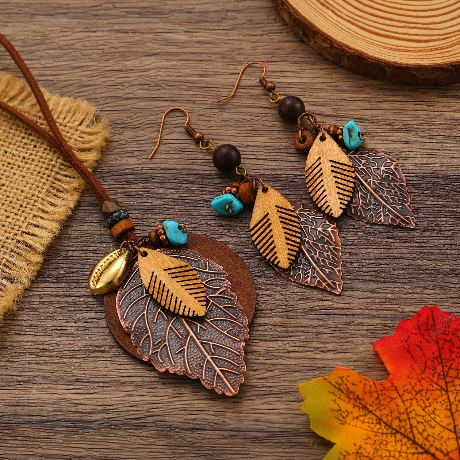 Wholesale  Retro Bohemian Ethnic Style Leaf Earrings Necklace suit