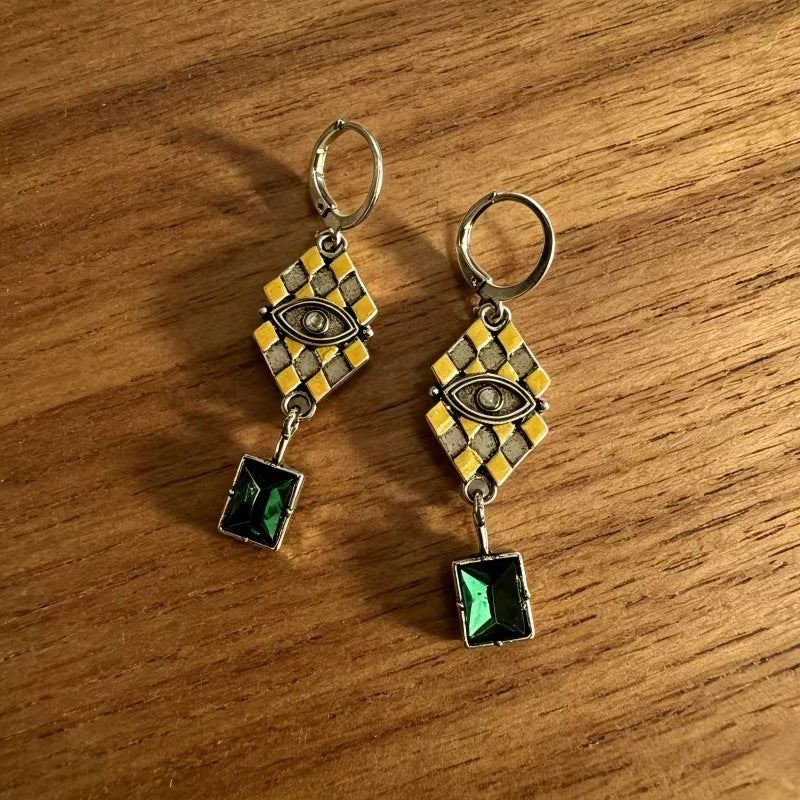 Wholesale Electroplated Alloy Retro Two-Color Green Zircon Geometric Earrings Fashion Accessory Gift