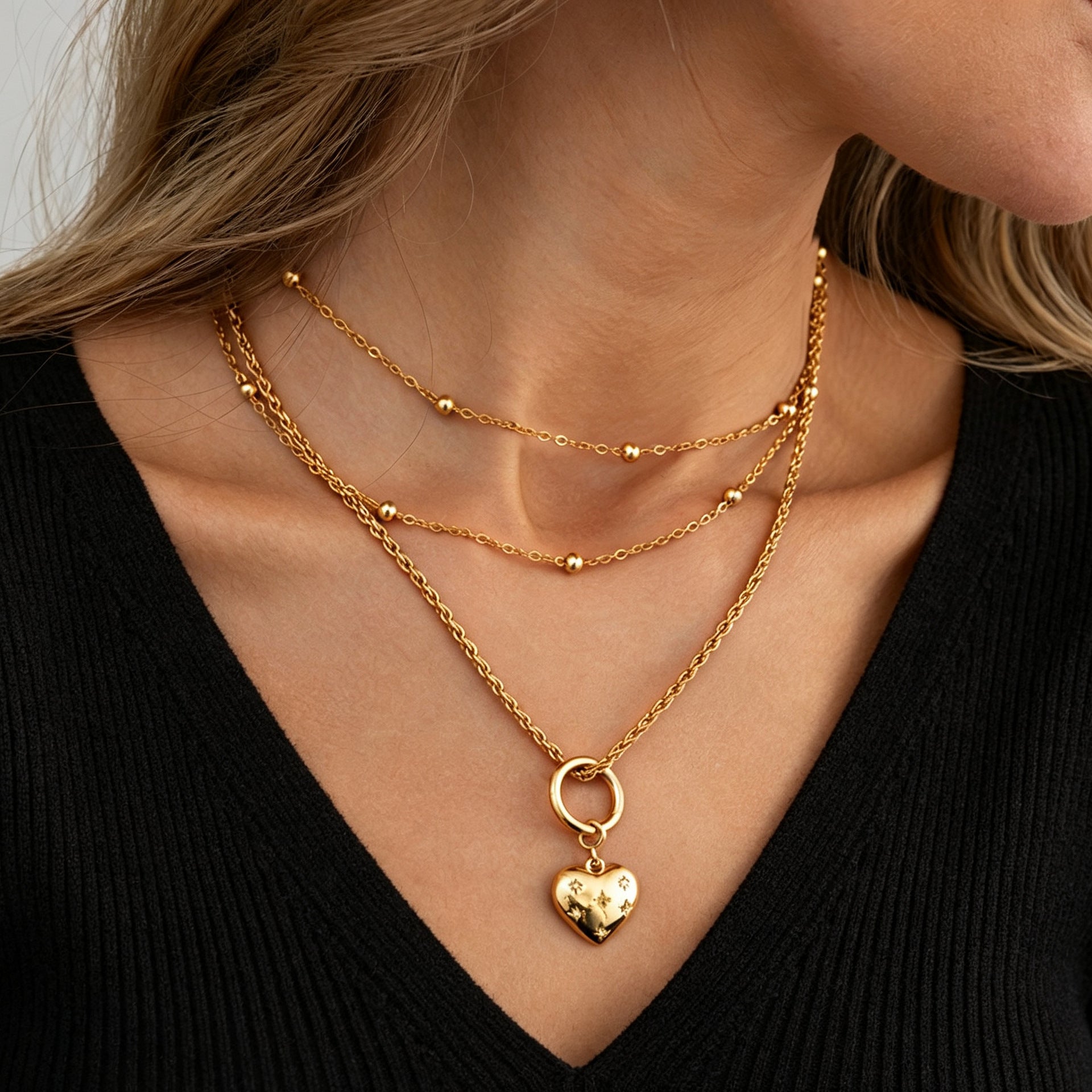 Wholesale Chic Sweet Heart Pendant Layered Necklace,  Gold Plated Iron Zinc Alloy Jewelry Accessory for Women