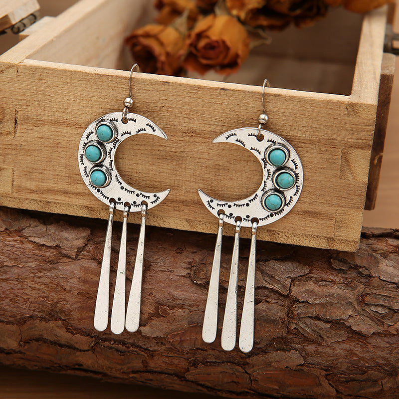 Wholesale Retro Crescent Eyelash Lace Earrings,  Alloy Turquoise Tassel Jewelry Accessory