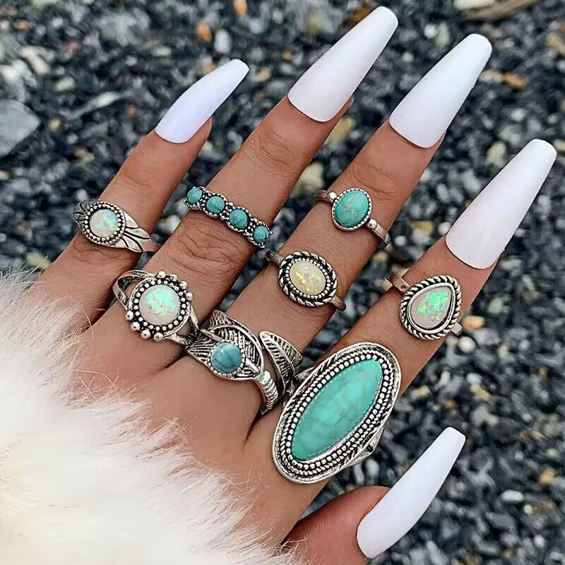 Wholesale Retro Ethnic Style Turquoise Carved Feather Ring Vintage ACC-RS-YongGe005