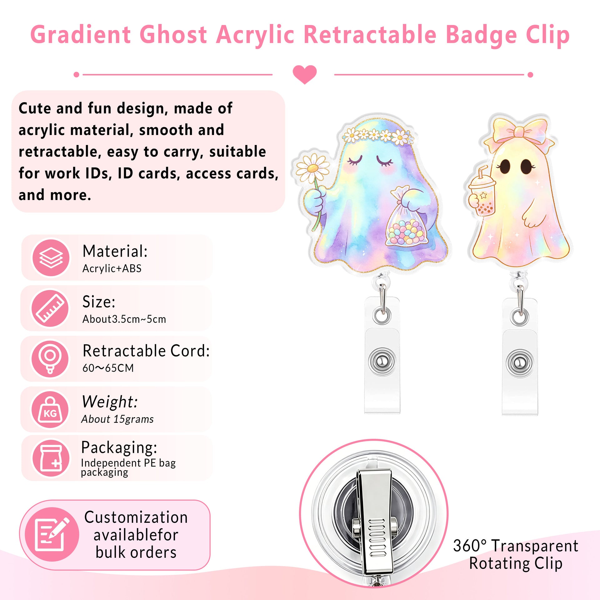 Wholesale Trendy Glitter Boo Ghost Retractable Badge Reel Plastic Car Key Accessory With Gradient Finish Decorative Party Gift