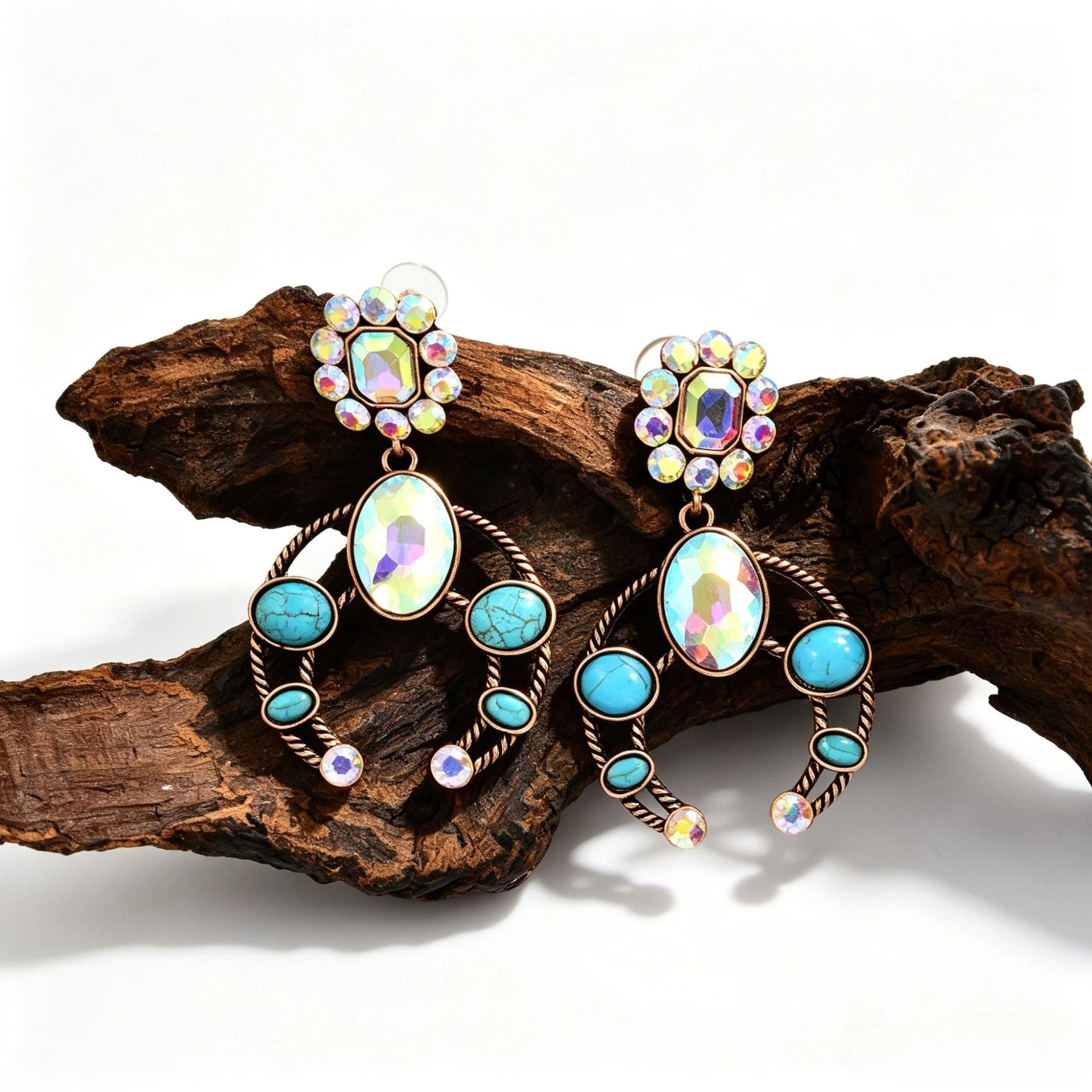 Wholesale Zinc Alloy Electroplated Crescent Blue Turquoise Stud Earrings With Rhinestones Stylish Fashion Accessory For Women