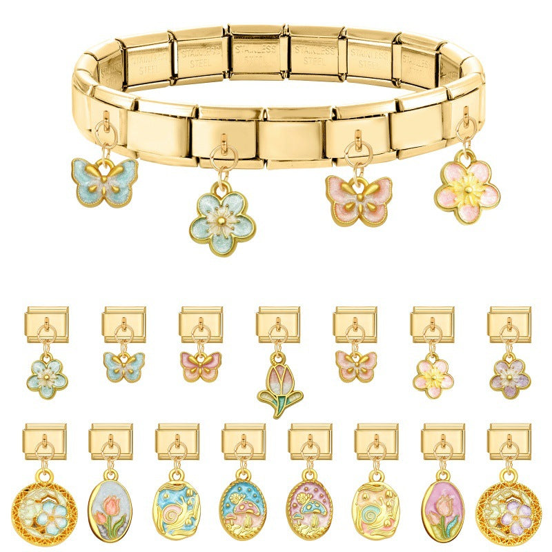 Wholesale Blue Hollow Flower Tulip DIY Bracelet,  Stainless Steel Electroplated Jewelry Accessory for Everyday Wear