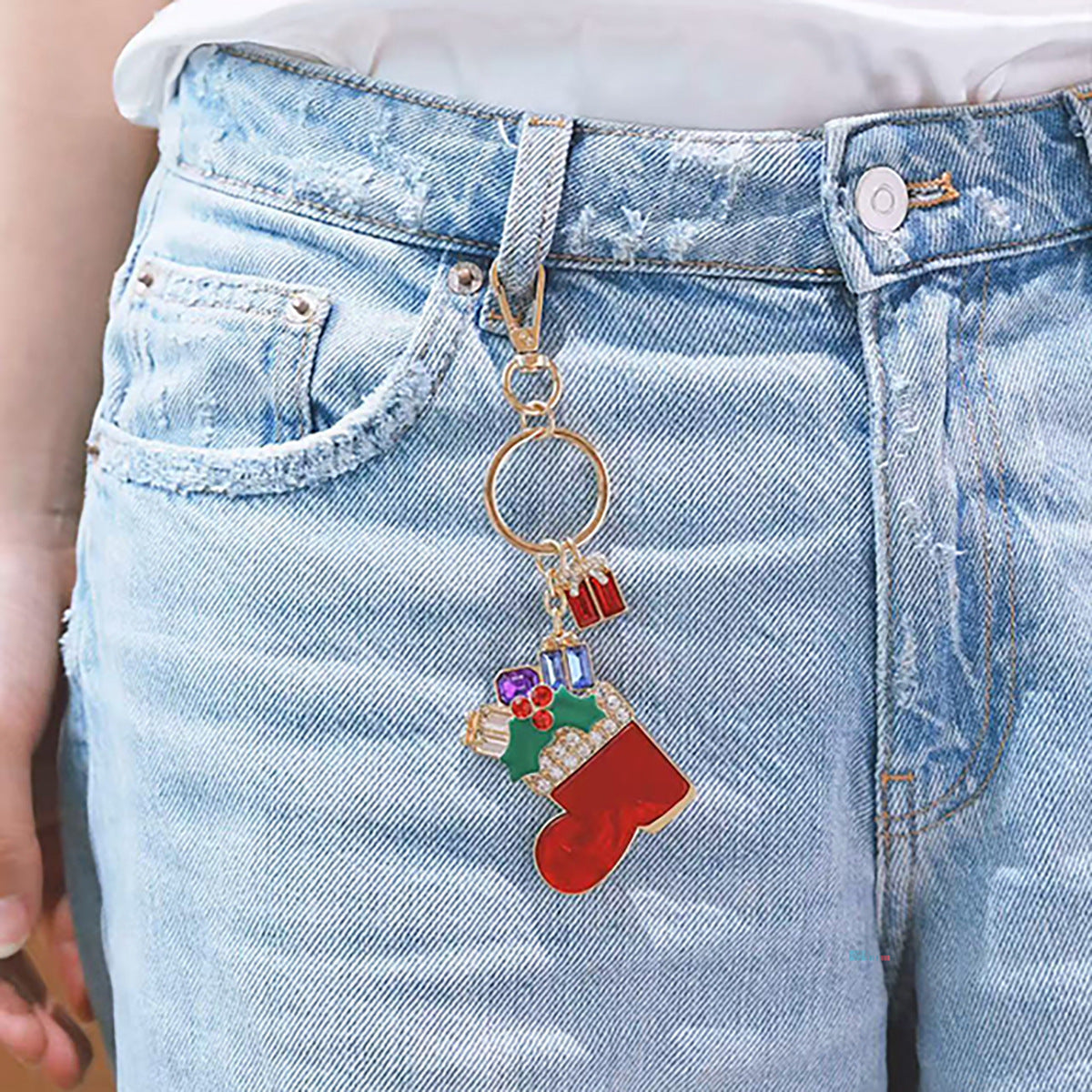 Wholesale Trendy Christmas Tree Socks Keychain Acetate Rhinestone Bag Charm Gift Decoration