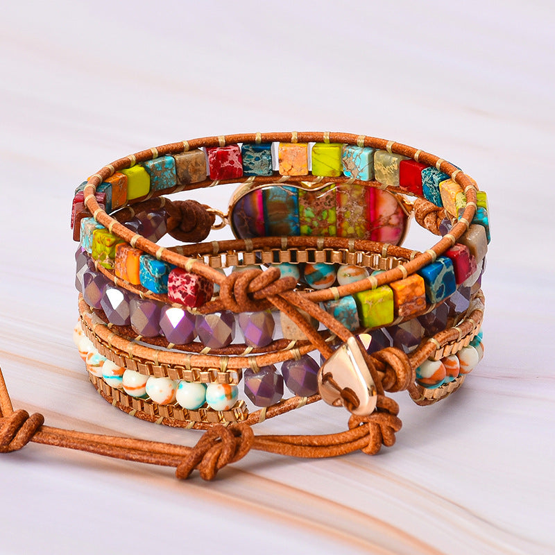 Wholesale Romantic 7 Colors Imperial Stone Leather Wrap Heart Bracelet