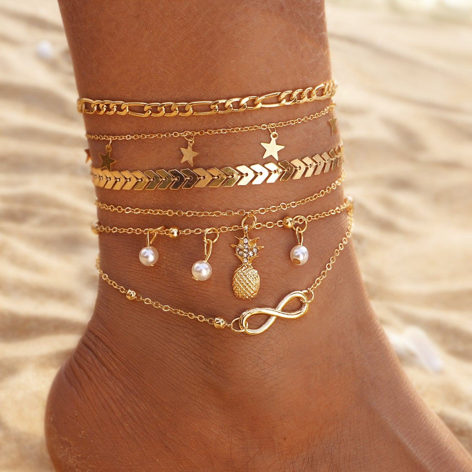 Wholesale Retro Beach Pineapple Pearl Layered Anklet Set For Women Fashion Jewelry Accessory Gift