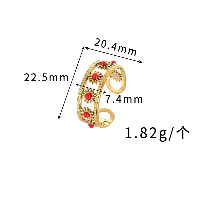Wholesale Stainless Steel Vintage Turquoise Red Pine French Retro Ring Fashion Accessory