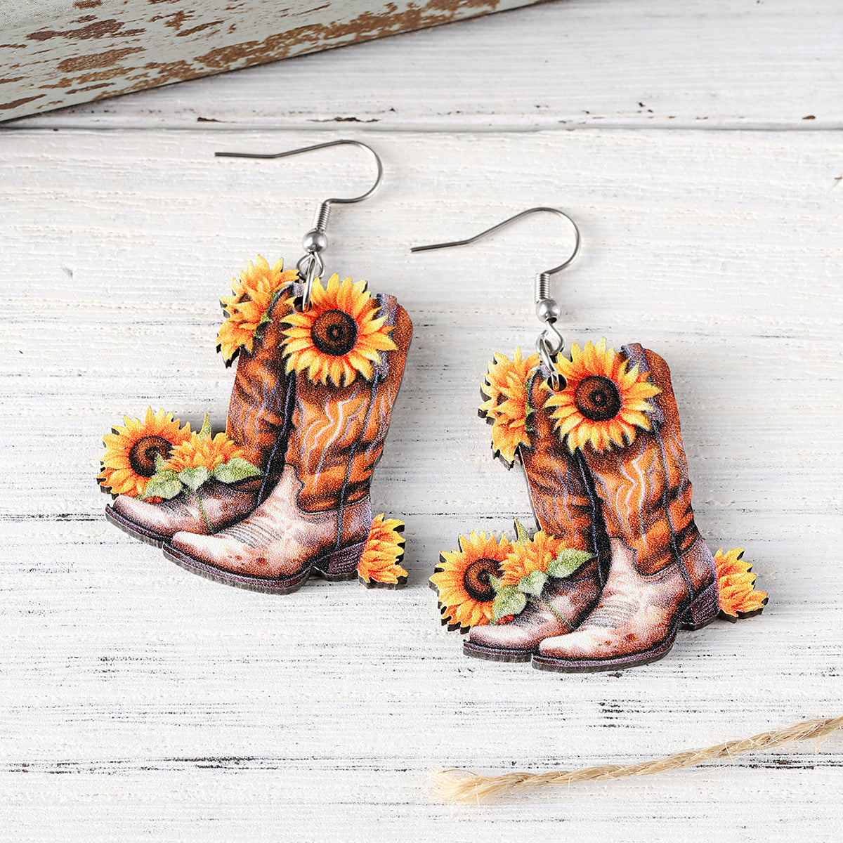 Wholesale  Western  Sunflower Flower Denim Boots Pendant Earrings