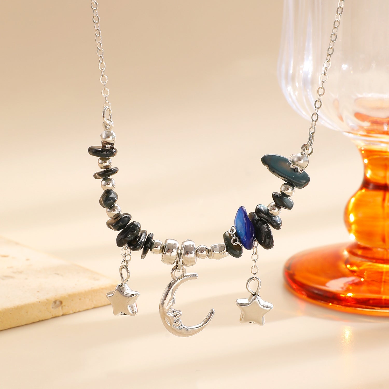 Wholesale Zinc alloy pebble beaded star moon and sun pendant necklace