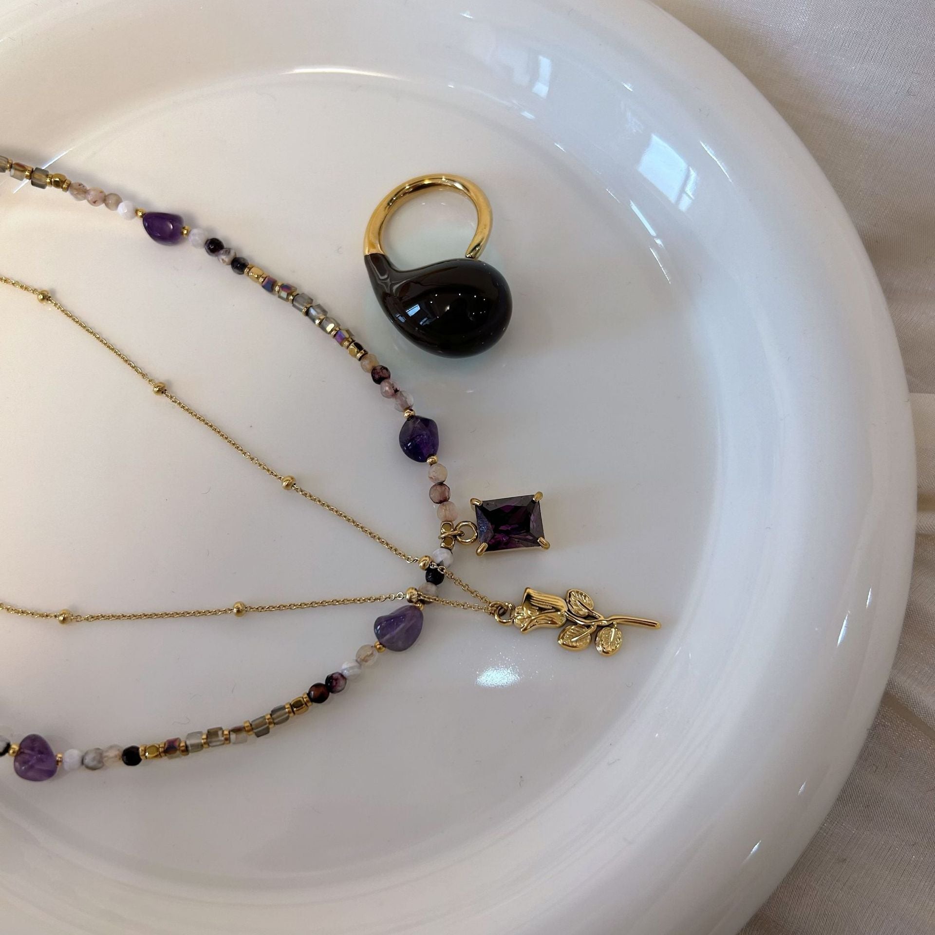 Wholesale Stainless Steel Amethyst Natural Stone Rice Bead Necklace