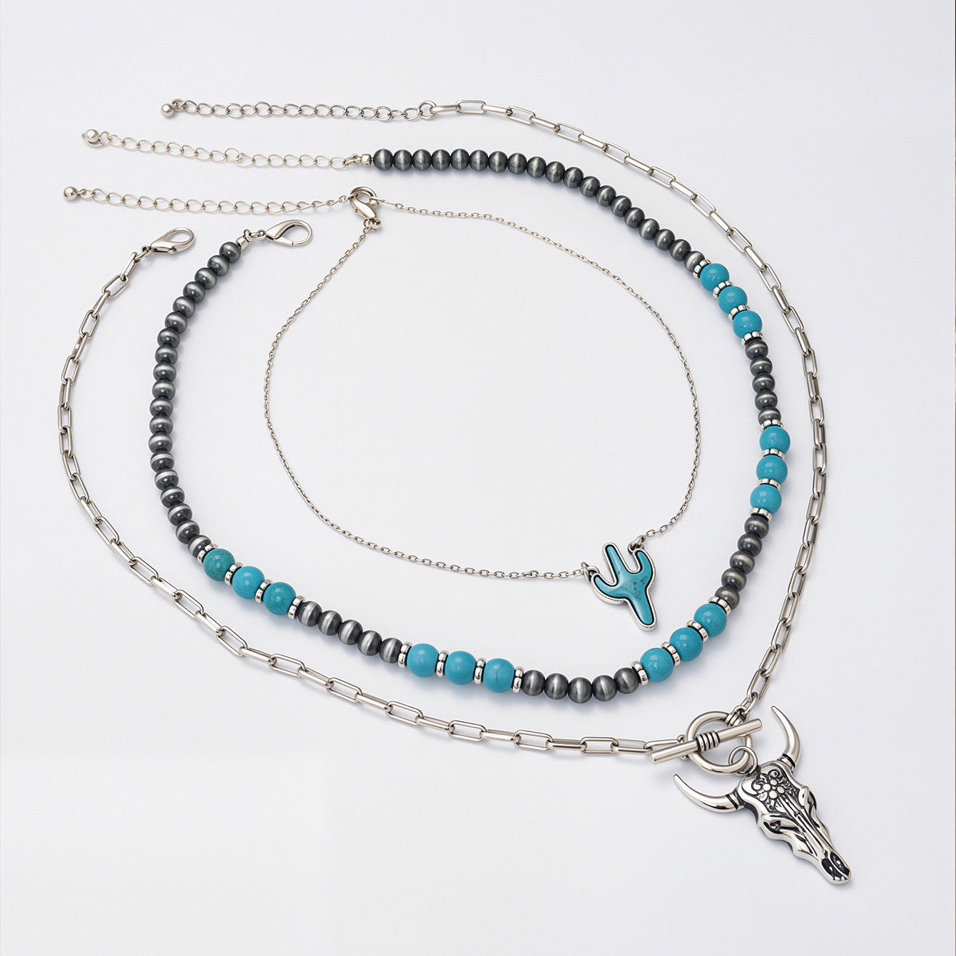Wholesale Bohemian Layered Beaded Turquoise Necklace Set Western Cowboy Style Jewelry Accessory