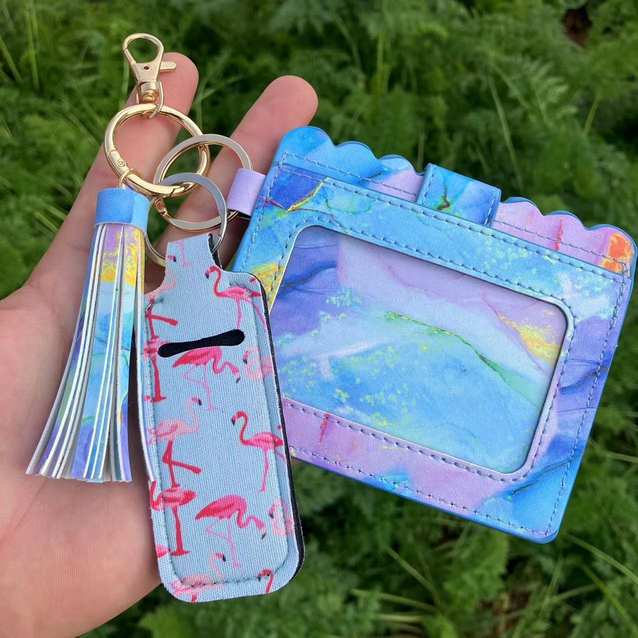 Wholesale Leopard Print Sunflower Butterfly Lipstick Case Card Holder Keychain Wristlet Keychain ACC-KC-QiuXue018