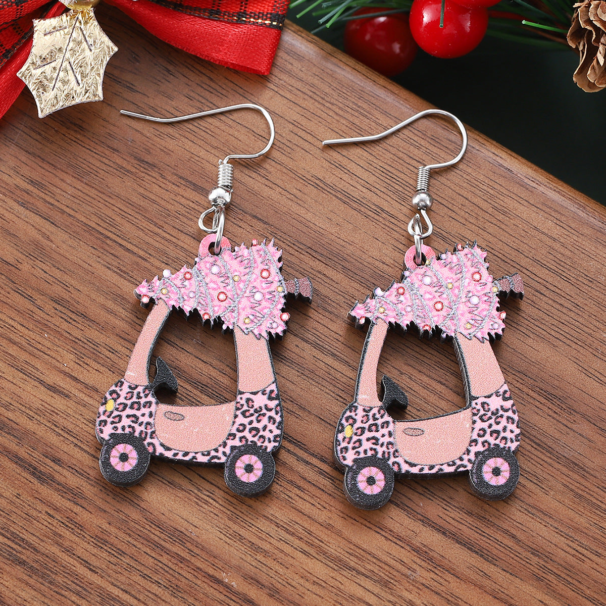 Wholesale Christmas hollow pink Christmas tree leopard car pendant earrings wooden