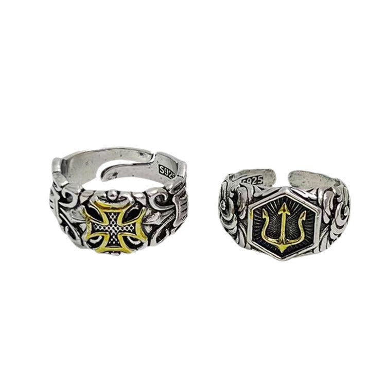 Wholesale Retro European and American Style Sea God Style Ocean Trident Ring Men' s Personalized Neptune Battle Ring Opening Adjustable