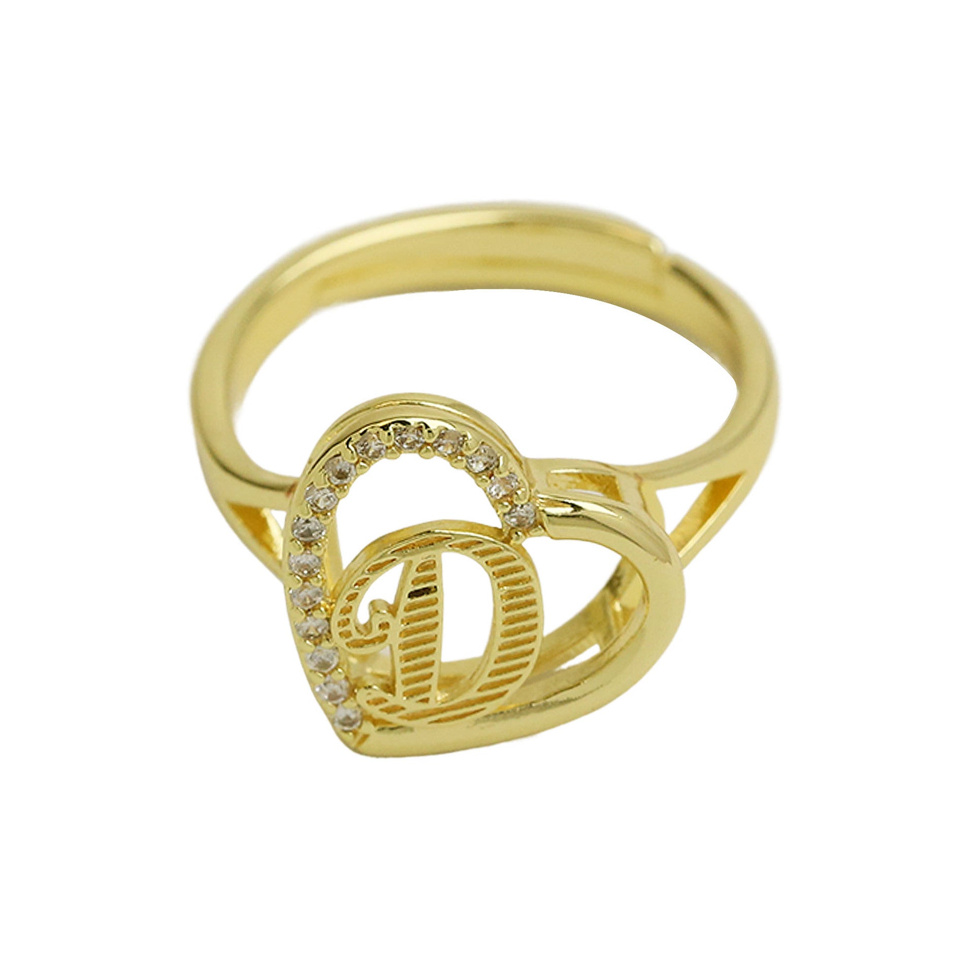 Wholesale  white gold heart-shaped love texture hollow 26 grass English letters open heart ring