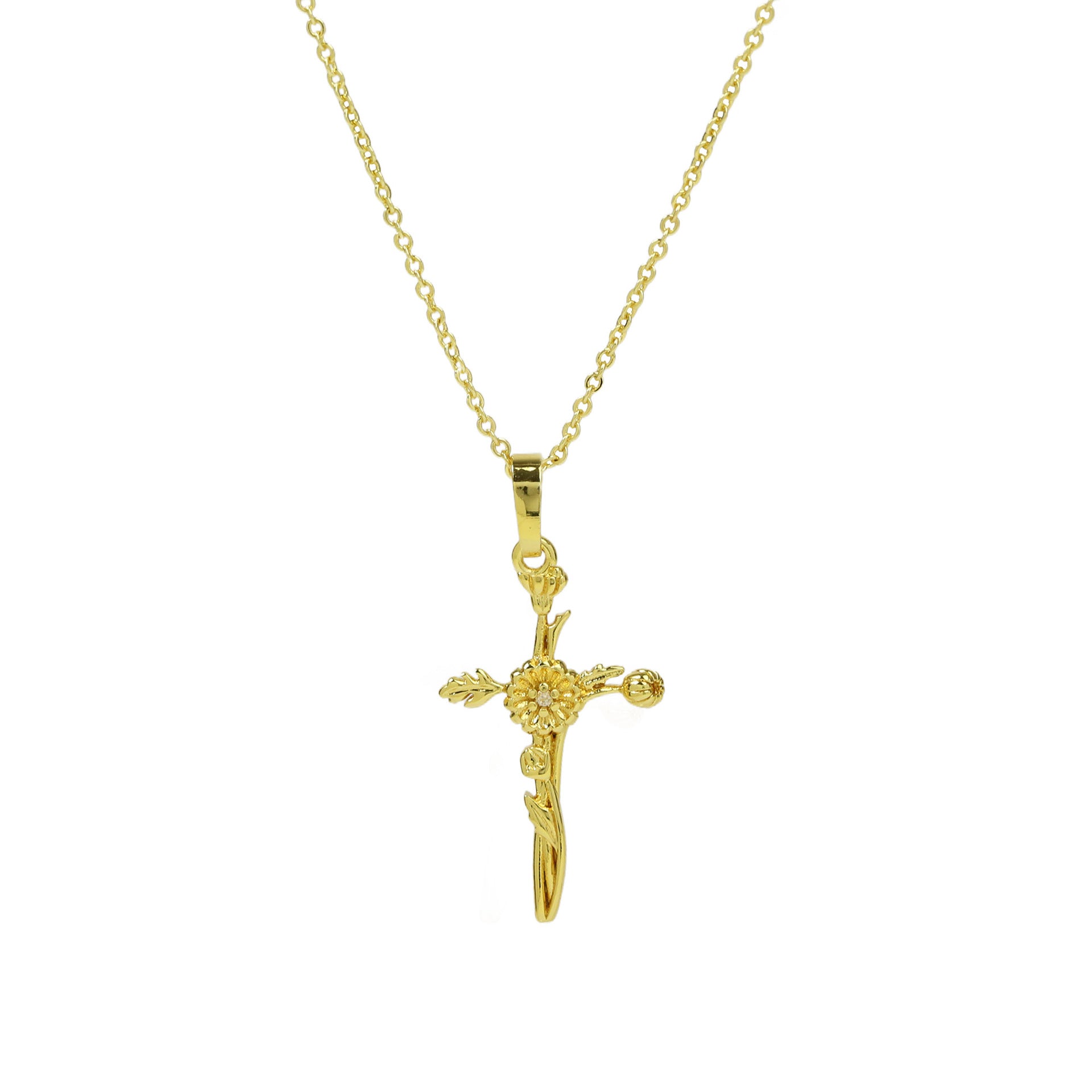 Wholesale  Brass Plated 18k December Flower Cross Pendant Necklace