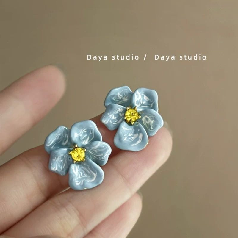 Wholesale Embossed Hazy Blue Vintage Drip Glaze Rose Flower Zircon Earrings