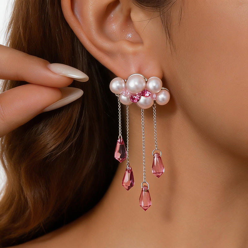 Wholesale Chic Round Geometric Pearl Tassel Earrings For Women Pink Alloy Rhinestone Stud Earrings Fashion Jewelry Accessory
