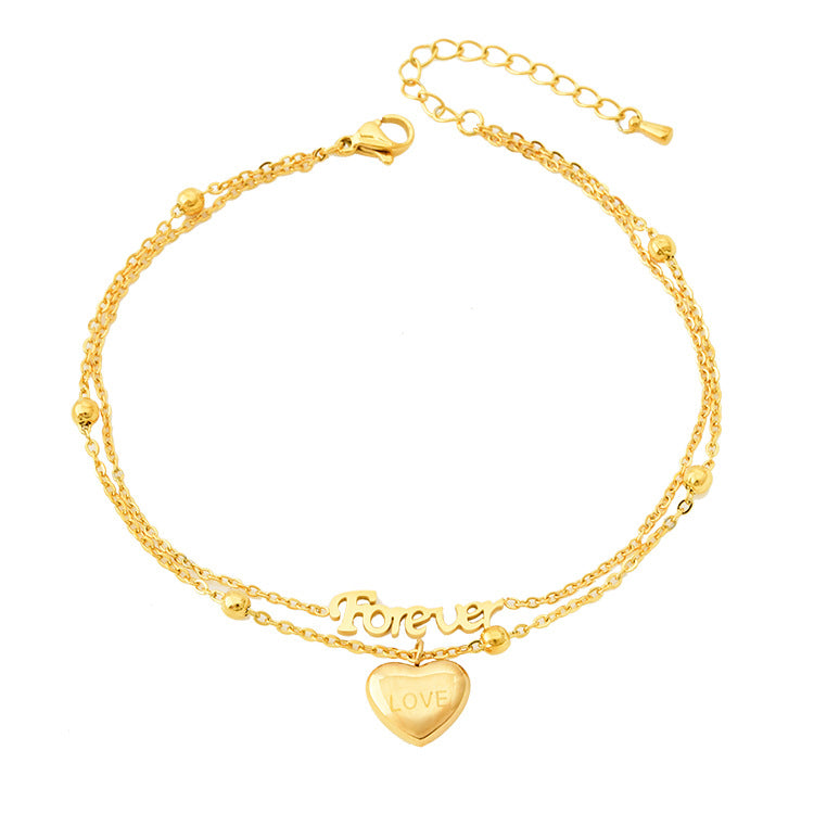 Wholesale Titanium Steel elegant double-layer letter anklet heart-shaped pendant beach anklet