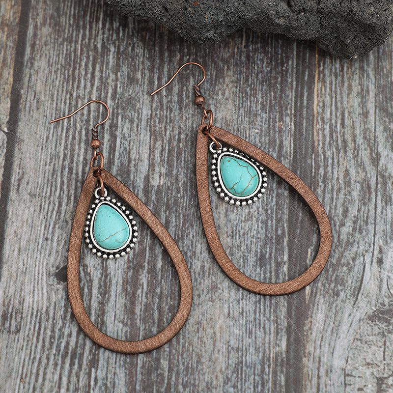 Wholesale  Western Style New Drop-Shaped Hollow ing Turquoise Retro Style Wooden Earrings