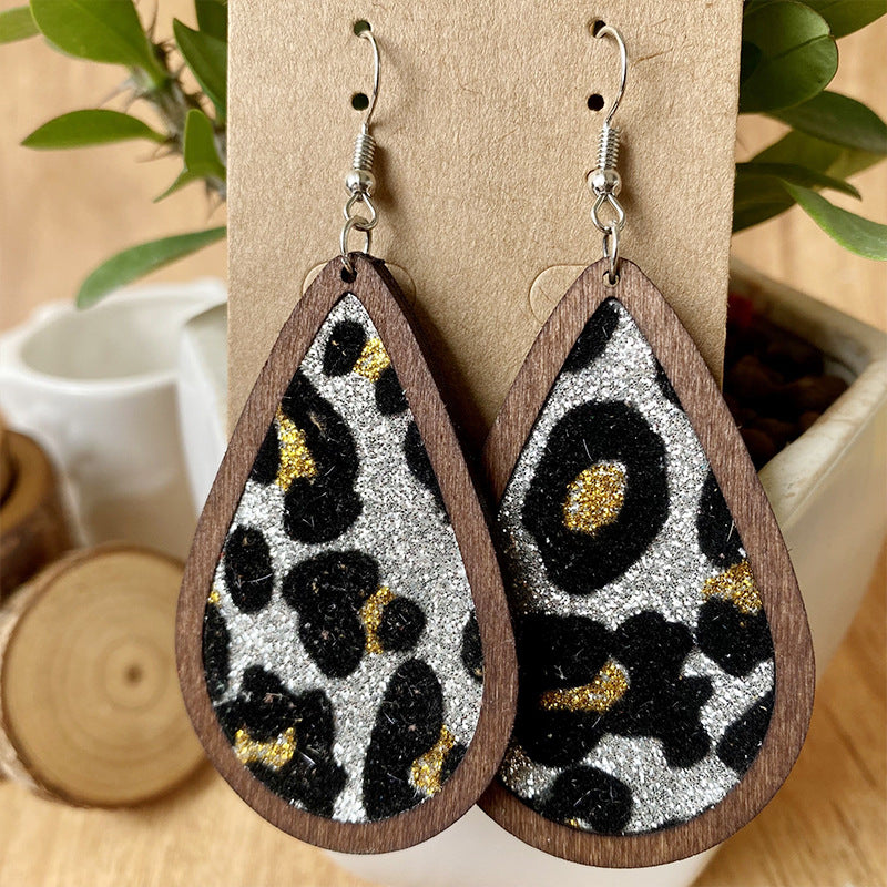 Wholesale 3 pairs/  pack Leather-look rainbow leopard print teardrop-shaped wooden earrings