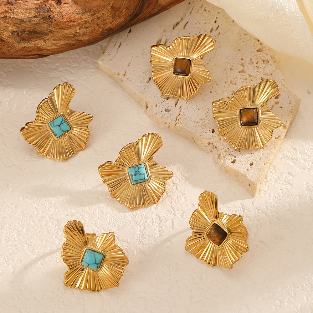 Wholesale Gold Plated Stainless Steel Natural Stone Irregular Geometric Ring And Earring Set For Women Trendy Everyday Jewelry