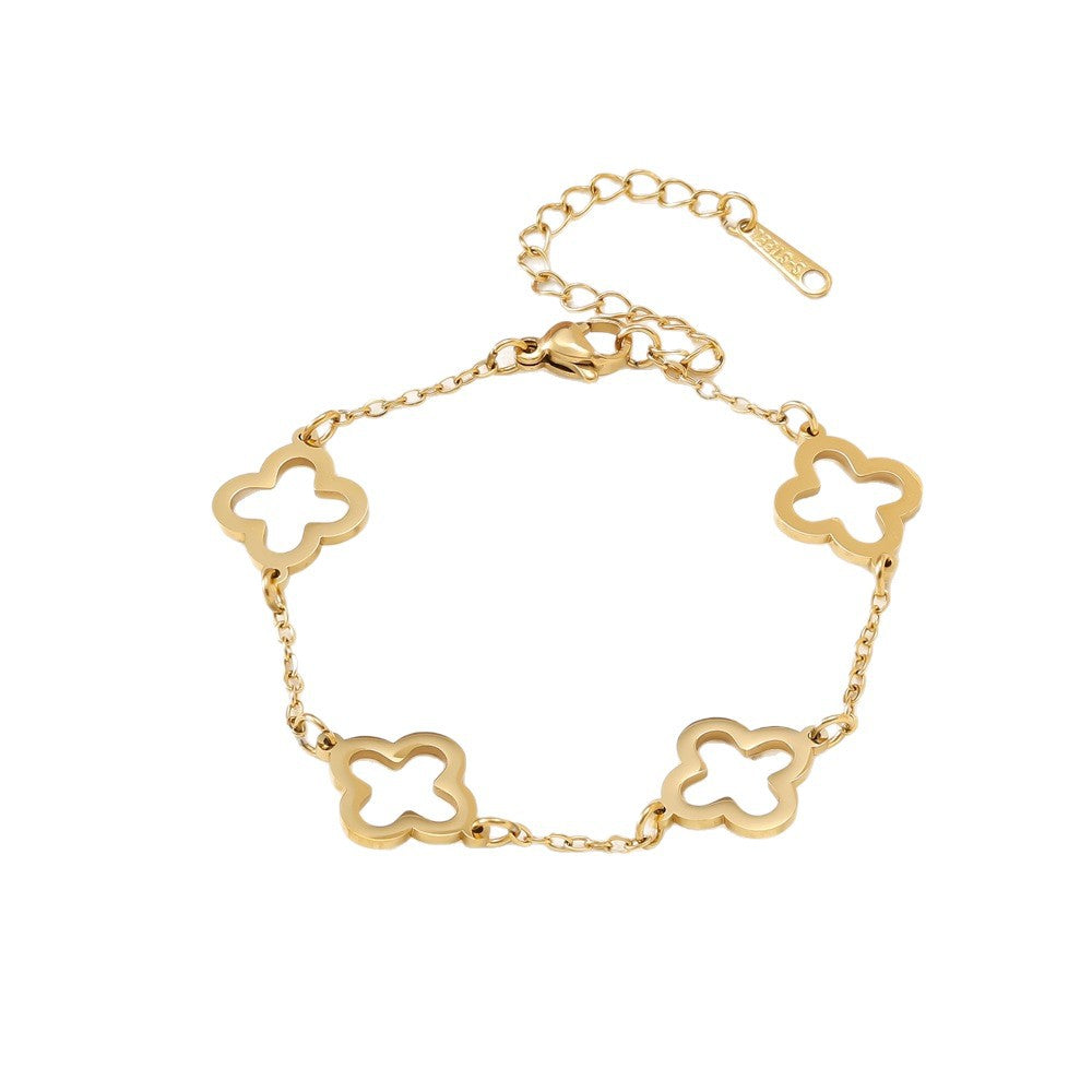 Wholesale Stainless Steel Gold Four-Leaf Clover Bracelet Set Nail Bracelet Diamond Bracelet Cut Out Bracelet