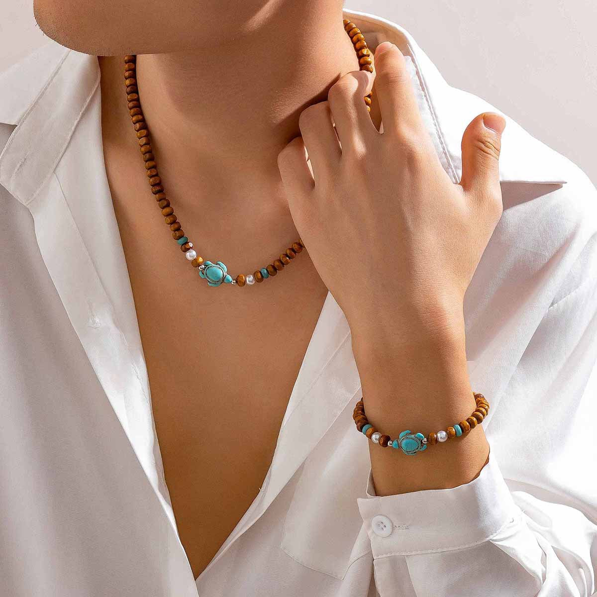 Wholesale Vintage Men's Wooden Beads Turtle Pearl Necklace Bracelet Set ACC-NE-Puxin009