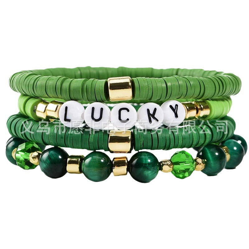 Wholesale St. Patrick's Day Green Stackable Clay Soft Pottery Beaded Stretch Bracelet