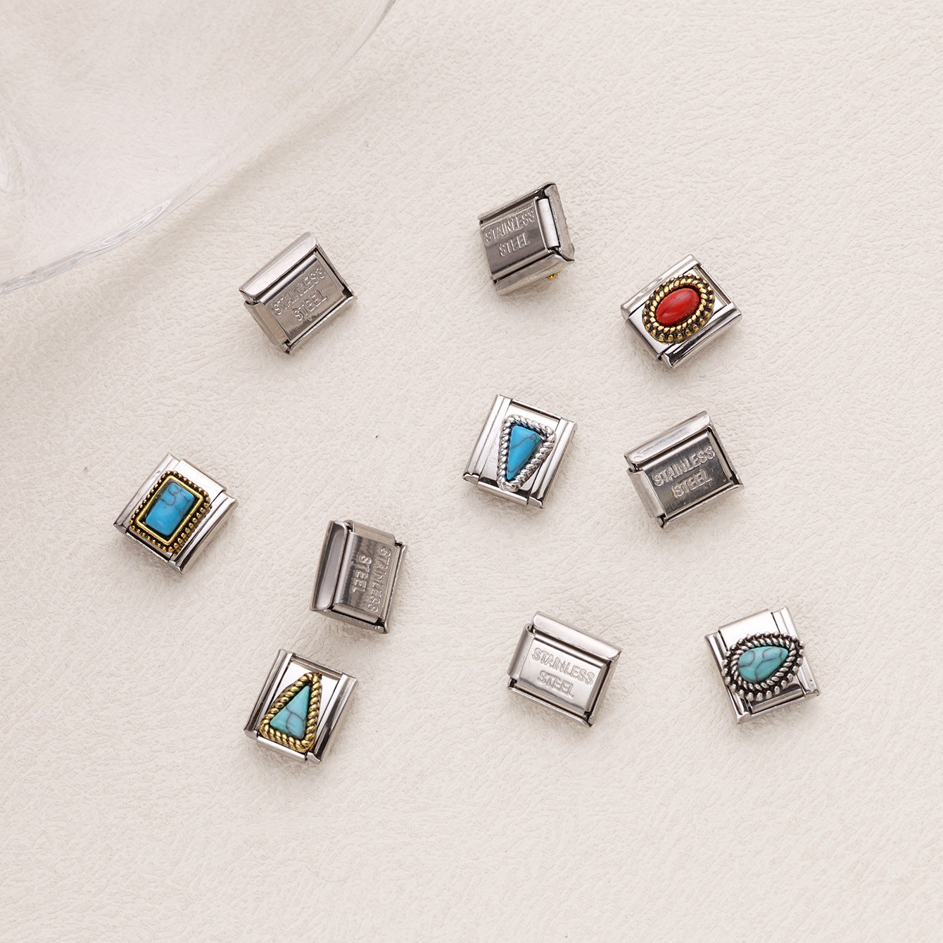Wholesale 10pcs Italian Charm Bracelet 9mm DIY Splicing Geometric Turquoise Stainless Steel Composable Bracelet