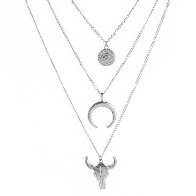 Wholesale fashion simple alloy cow head geometric disc eyes horn multilayer necklace