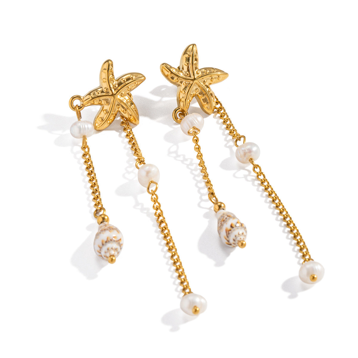 Wholesale Stainless Steel 18K Gold Plated Starfish Tassel Earrings with Freshwater Pearl Beach Style for Boutique Resale