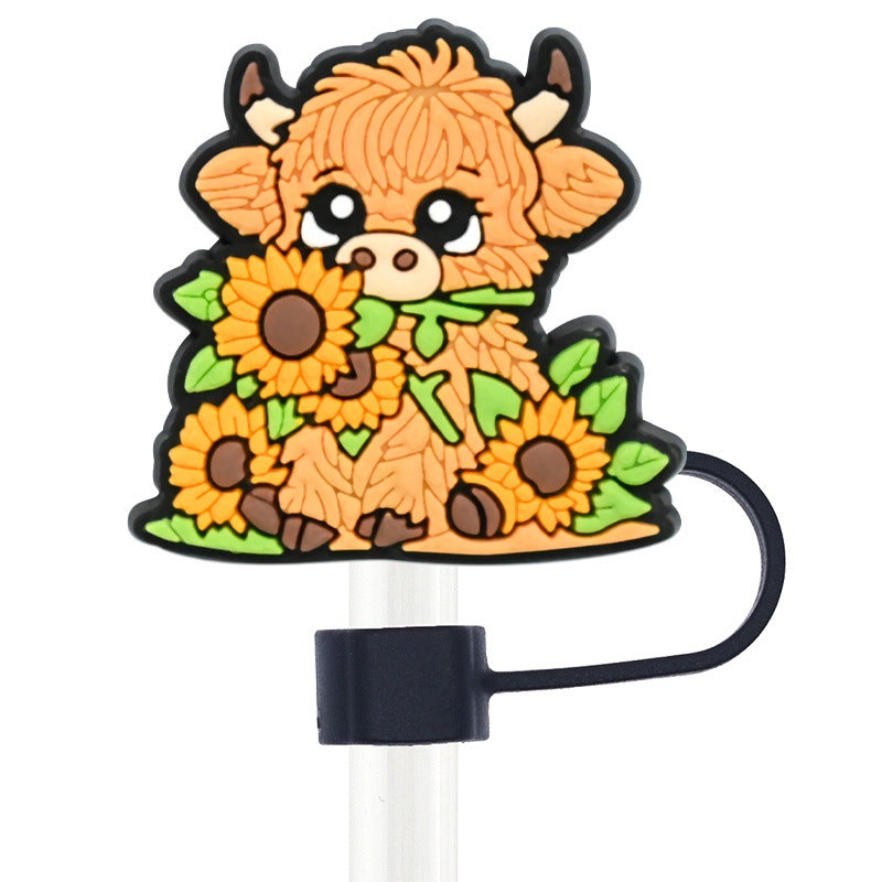 Wholesale Random 100pcs Cartoon Highland Cow  10mm PVC Soft Straw Tube Cap